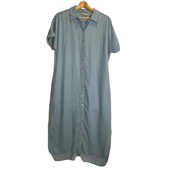 Soft Surroundings Dresses & Skirts - Soft Surroundings Blue Chambray Midi Button Up Shirt Dress Short Sleeve Pockets